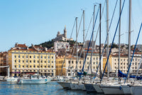 Marseille Vieux-Port view poster print featuring the Basilica of Notre-Dame de la Garde.