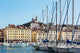 Marseille Vieux-Port view poster print featuring the Basilica of Notre-Dame de la Garde.