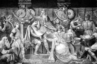 Engraving of a Medieval English Feast featuring the first wassail cup.