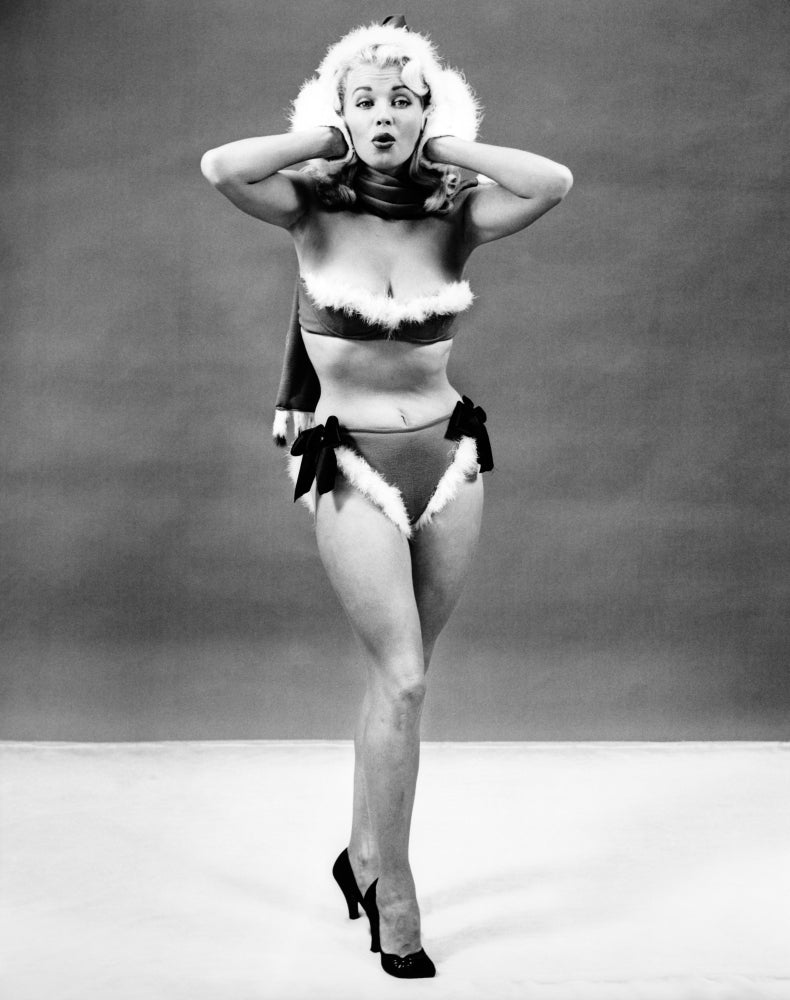 1950s Young Woman Standing Inside in Fur Trimmed Bikini Poster Print