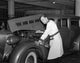1940s Mechanic Garage Print in Vintage Work Smock Uniform