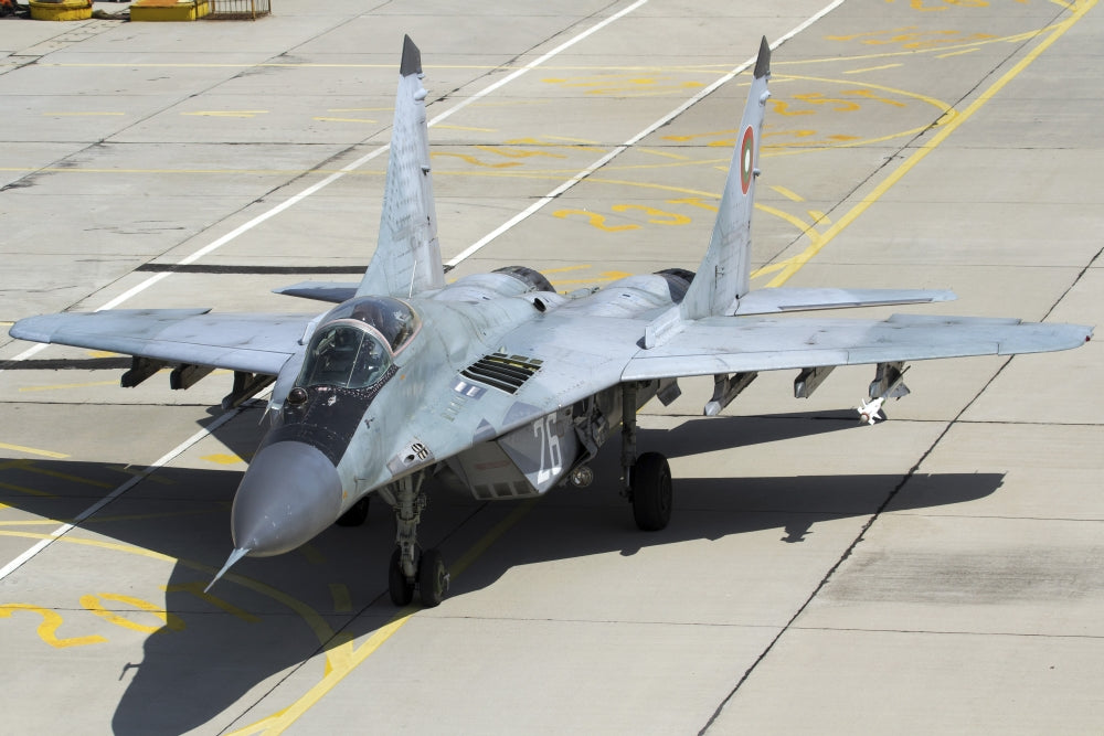 Top view of Bulgarian Air Force MiG-29 aircraft poster print with AA-8 Aphid missile