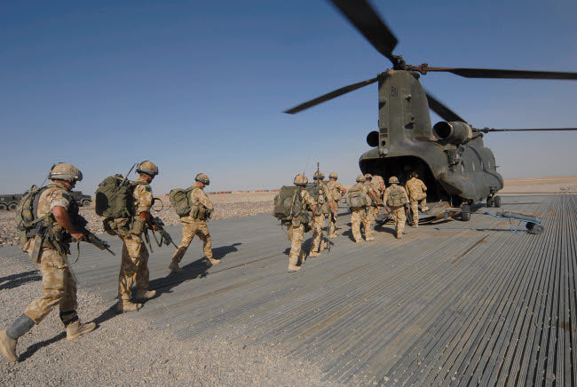 British paratroopers boarding a CH-47 Chinook helicopter poster print.