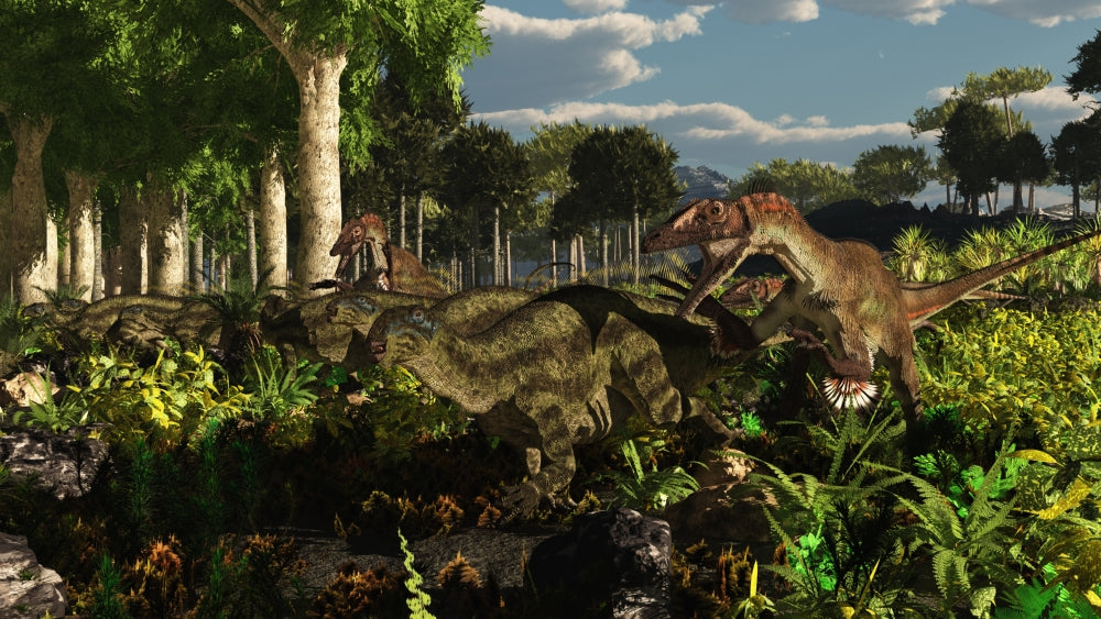 Utahraptor hunting Tenontosaurus fine art print depicting Early Cretaceous scene.