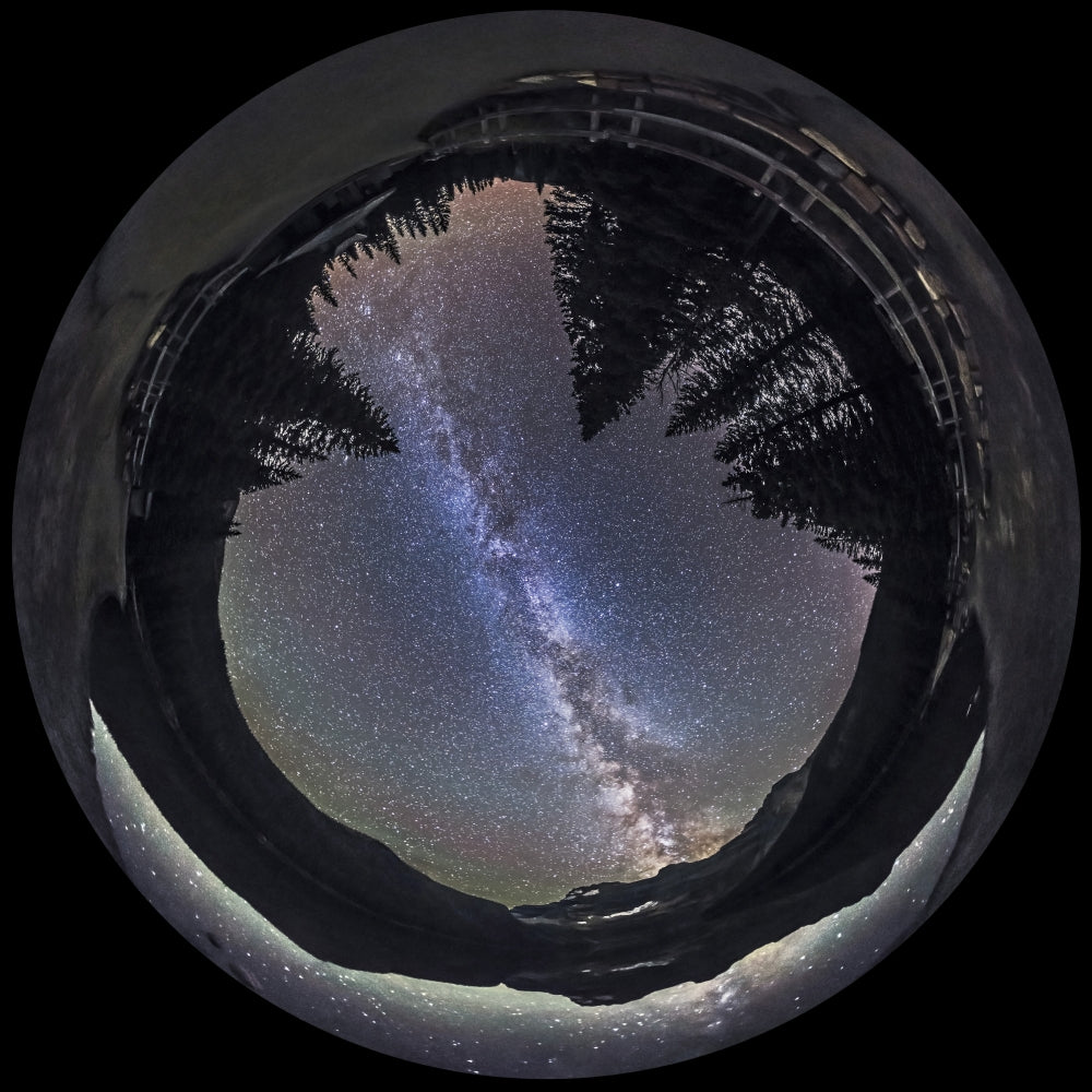 Fish-eye lens panorama of the Milky Way at Cameron Lake, Alberta, Canada poster print.