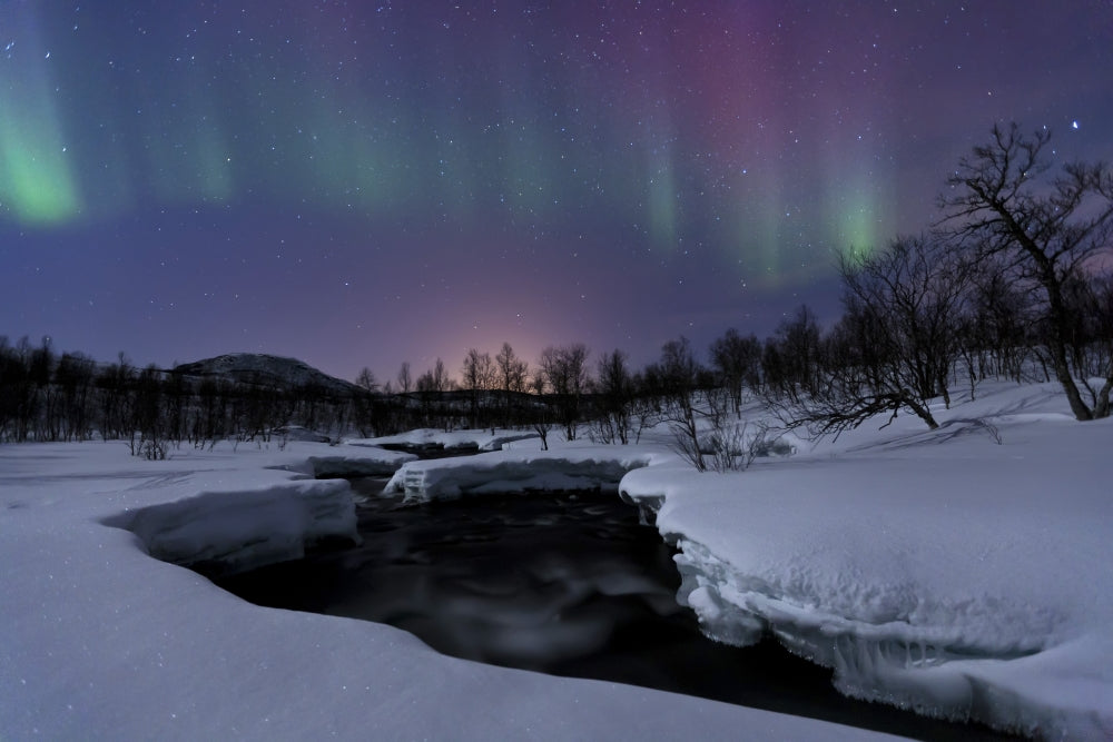 Aurora Borealis over Blafjellelva River Poster Print showcasing northern lights in Troms County, Norway.