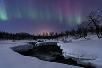 Aurora Borealis over Blafjellelva River Poster Print showcasing northern lights in Troms County, Norway.