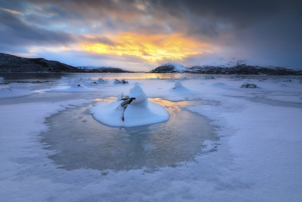 Frozen fjord in Tjeldsundet strait, Troms County, Norway poster print.
