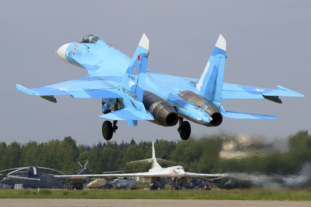 Su-27 jet fighter taking off from Kubinka, Russia poster print.