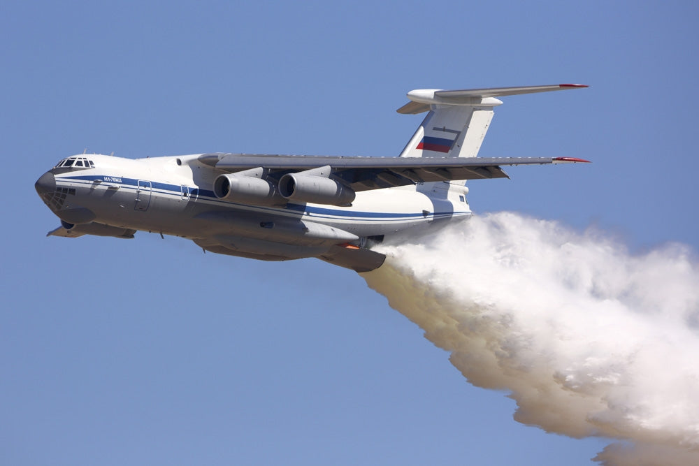 Il-76MD Russian Air Force performing water drop maneuver poster print.