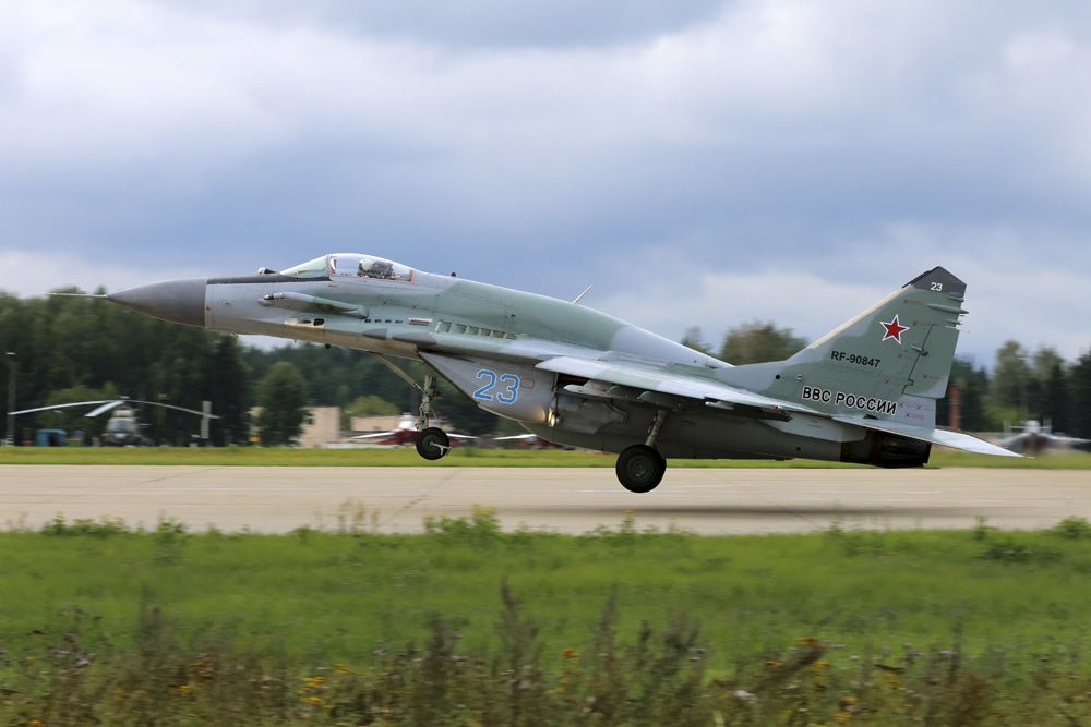MiG-29SMT Jet Fighter Taking Off Poster Print showcasing an iconic military aircraft.