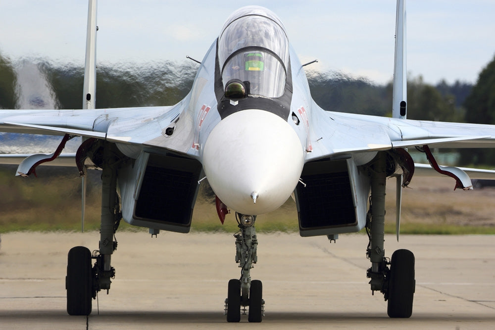 Su-30SM jet fighter of the Russian Air Force taxiing after landing