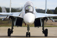 Su-30SM jet fighter of the Russian Air Force taxiing after landing