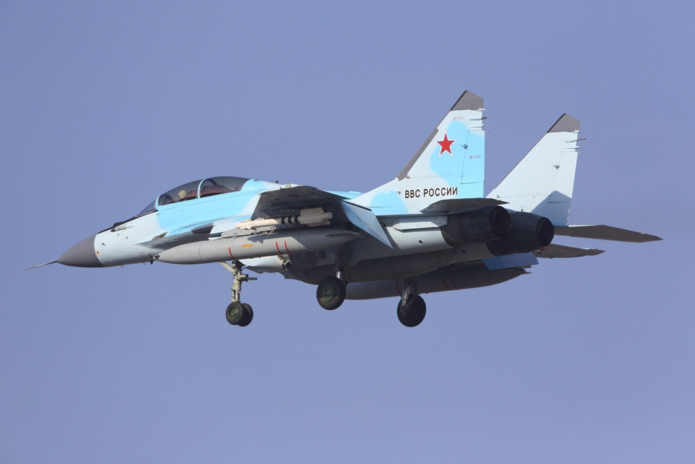 MiG-35 jet fighter landing poster print showcasing modern aviation at Zhukovsky, Russia.