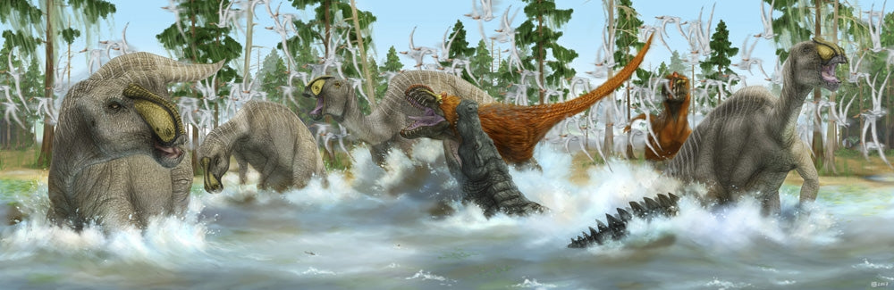 Deinosuchus and Bistahieversor attacking a herd of Anasazisaurus poster print.