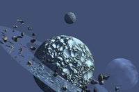 A stunning poster print of a ringed rocky planet surrounded by asteroids.