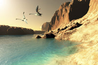 Poster print of two mute swans taking flight over a wilderness seashore.
