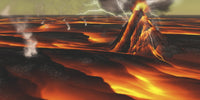 Alien Planet Volcano Eruptions Poster Print showing continuous volcanic eruptions and lava flows.