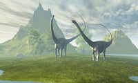 Two Diplodocus dinosaurs walking together in a prehistoric landscape.