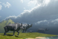 Brontotherium dinosaurs drinking at a lake poster print.