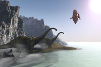 Two Diplodocus dinosaurs and a pterodactyl at the shore drinking water poster print.