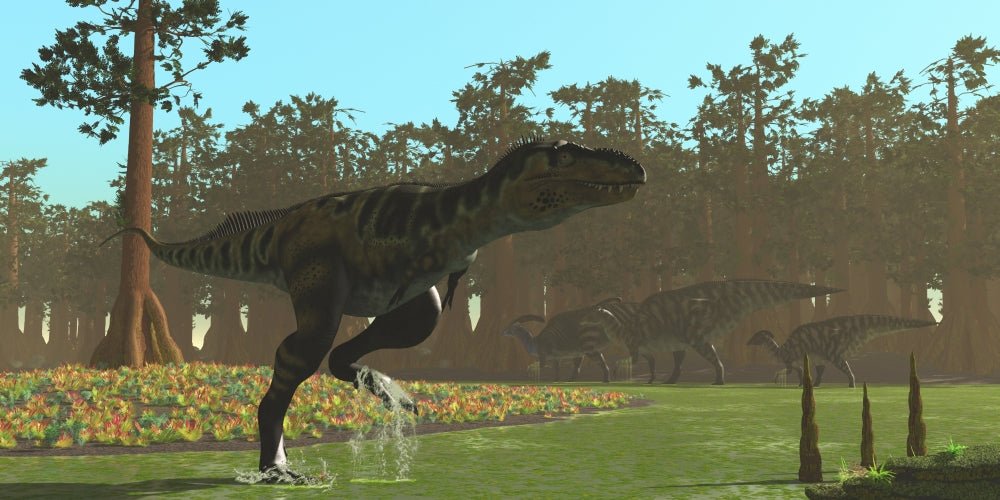 Parasaurolophus and Bistahieversor dinosaur poster print in a swamp setting.