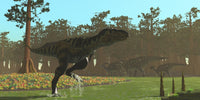 Parasaurolophus and Bistahieversor dinosaur poster print in a swamp setting.