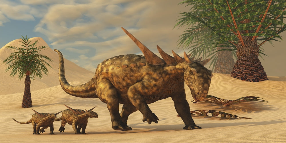 Sauropelta mother leading her offspring in a Cretaceous North America desert poster print.