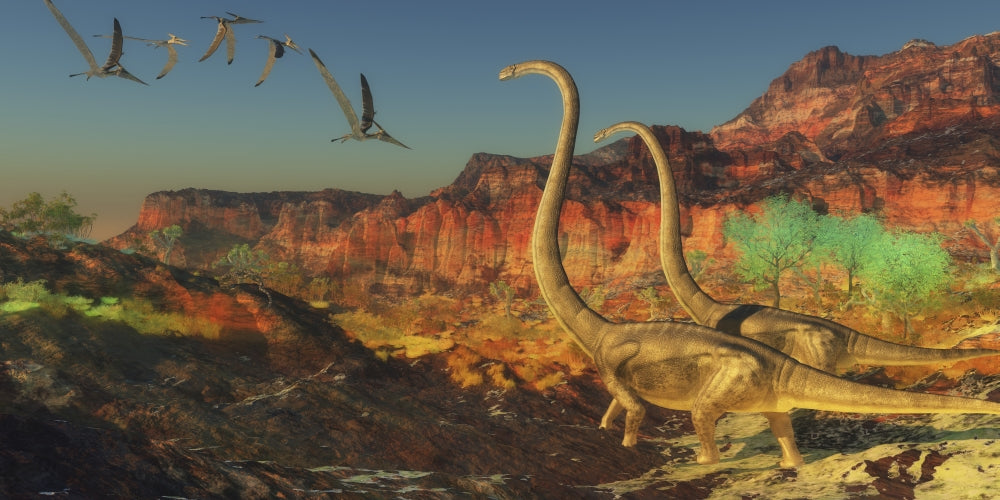 Pterosaur flock flying over Omeisaurus dinosaurs poster print
