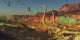 Pterosaur flock flying over Omeisaurus dinosaurs poster print