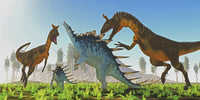 Kentrosaurus female defending her offspring from Cryolophosaurus dinosaurs poster print.