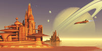 Spacecraft delivering supplies to a colony on Titan poster print.
