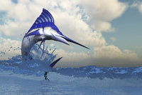A Blue Marlin leaping from the ocean, vibrant marine art poster.