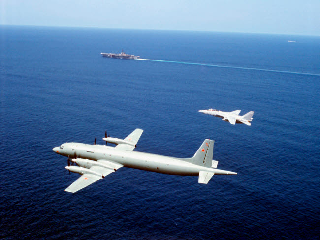 F-14 Tomcat Fighter Escorting Soviet Il-38 Aircraft Poster Print