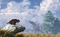 A Eusmilus watches a herd of Paraceratherium poster print.