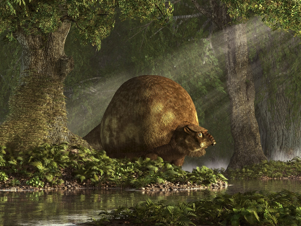 Glyptodon standing near a stream poster print