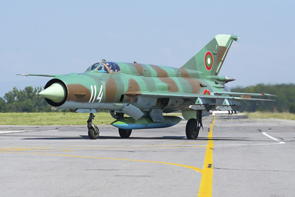 Bulgarian Air Force MiG-21bis taxiing at Graf Ignatievo Air Base during Exercise Thracian Star 2015.