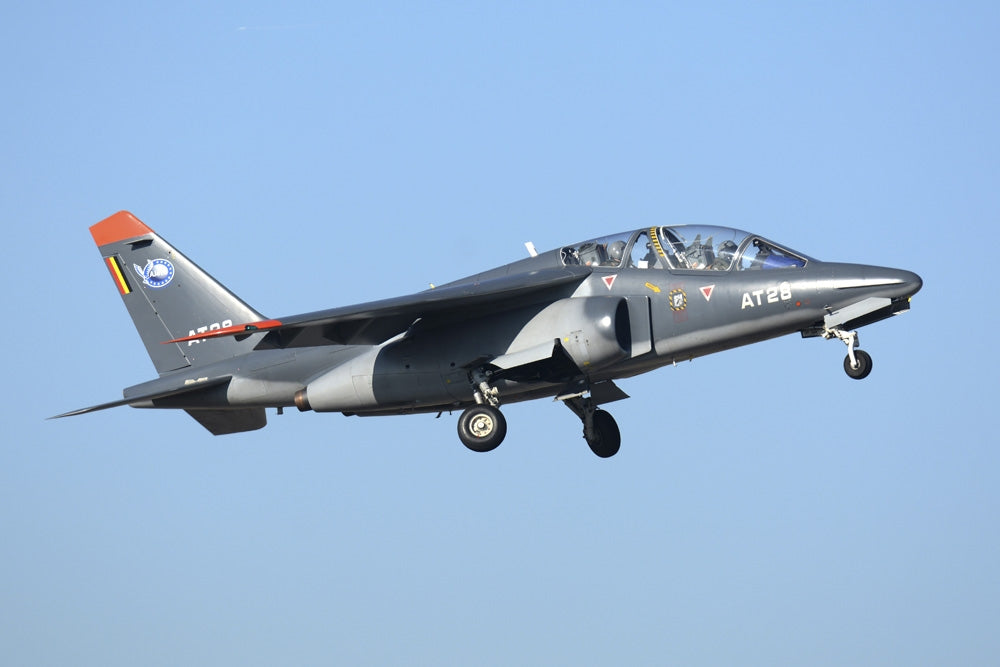 Belgian Air Force Alpha Jet taking off at Villafranca Airport poster print.