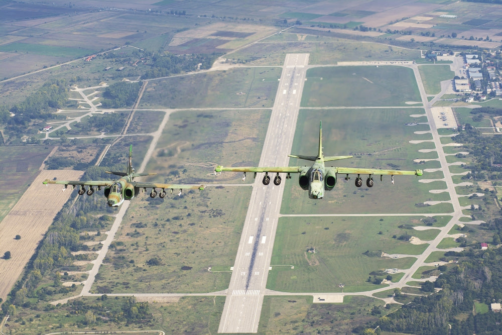Bulgarian Air Force Sukhoi Su-25s aircraft flying over Graf Ignatievo Air Base.