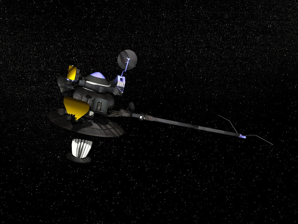 Artistic concept of the Galileo spacecraft orbiting Jupiter