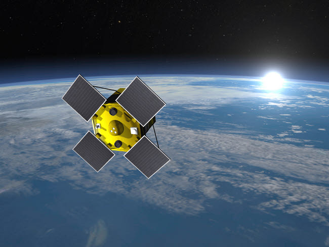 ACRIMSAT satellite orbiting Earth with rising sun poster print by Elena Duvernay