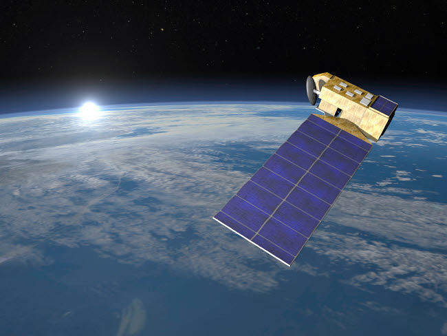 Aura Satellite Orbiting Earth and Rising Sun Poster Print by Elena Duvernay.