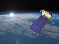 Aura Satellite Orbiting Earth and Rising Sun Poster Print by Elena Duvernay.