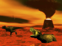 Tyrannosaurus Rex dinosaurs struggling against volcanic eruption poster print.