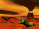 Tyrannosaurus Rex dinosaurs struggling against volcanic eruption poster print.