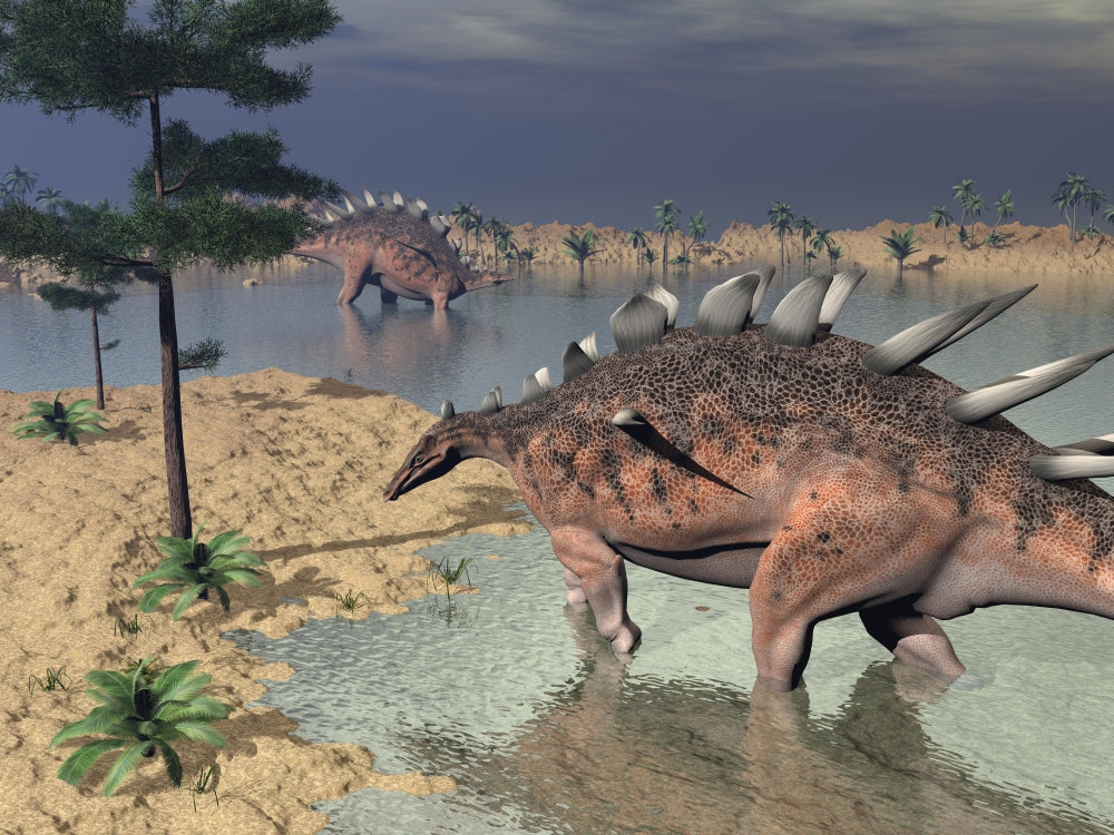 Kentrosaurus dinosaurs walking next to water with trees and sand.