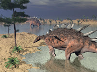 Kentrosaurus dinosaurs walking next to water with trees and sand.