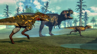 Nanotyrannus hunting a small Tyrannosaurus poster print with Araucaria and Tempskya trees in background.
