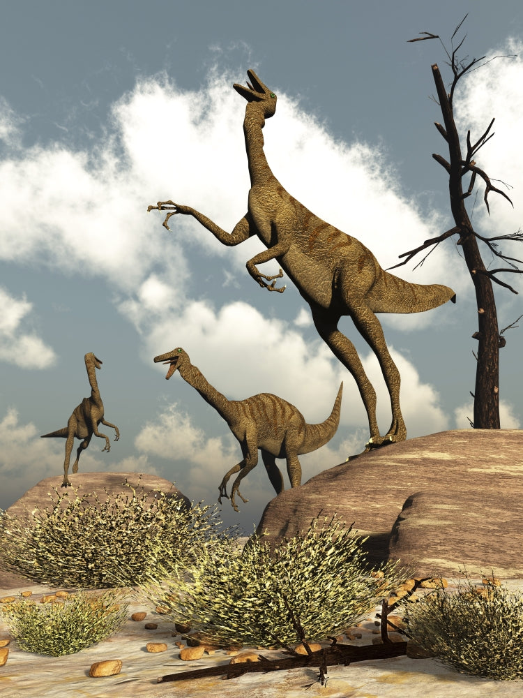 Herd of Gallimimus Dinosaurs in the Desert Poster Print featuring vibrant colors and detailed artwork.