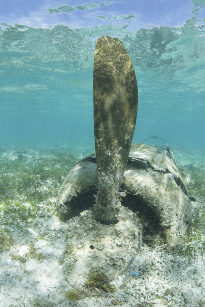 Japanese Zero fighter propeller poster print on a shallow reef.